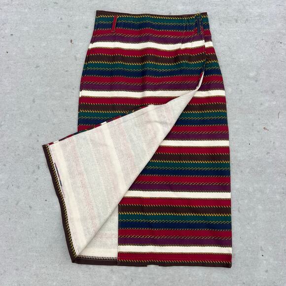 Vintage 80s BeBop Fall Aztec Southwestern Stripe Faux Wrap Midi Pencil Skirt 13 - Picture 2 of 11